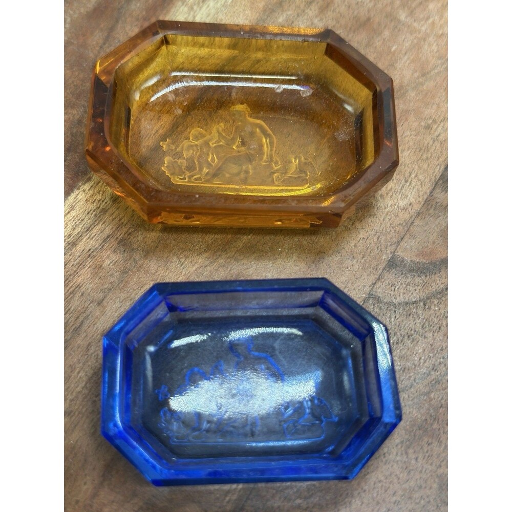 HEINRICH HOFFMAN Glass INTAGLIO Salt Cellars Amber Cobalt Vintage